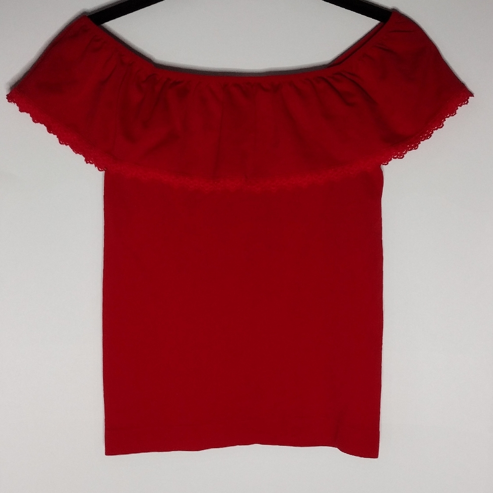 NWOT Stretchy Red Shoulder Ruffle Crop Top  - One Size Fits Most